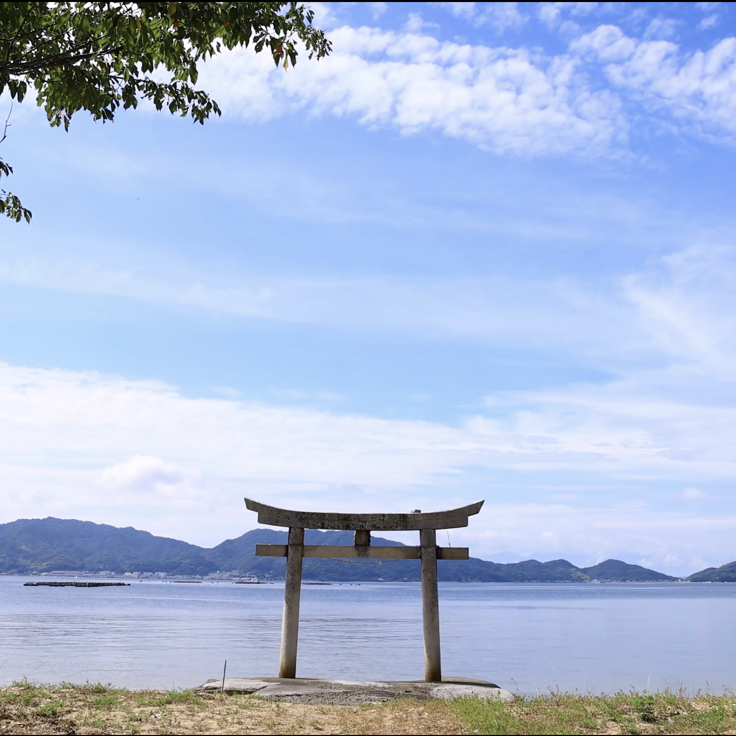 青空と海に輝く白い鳥居